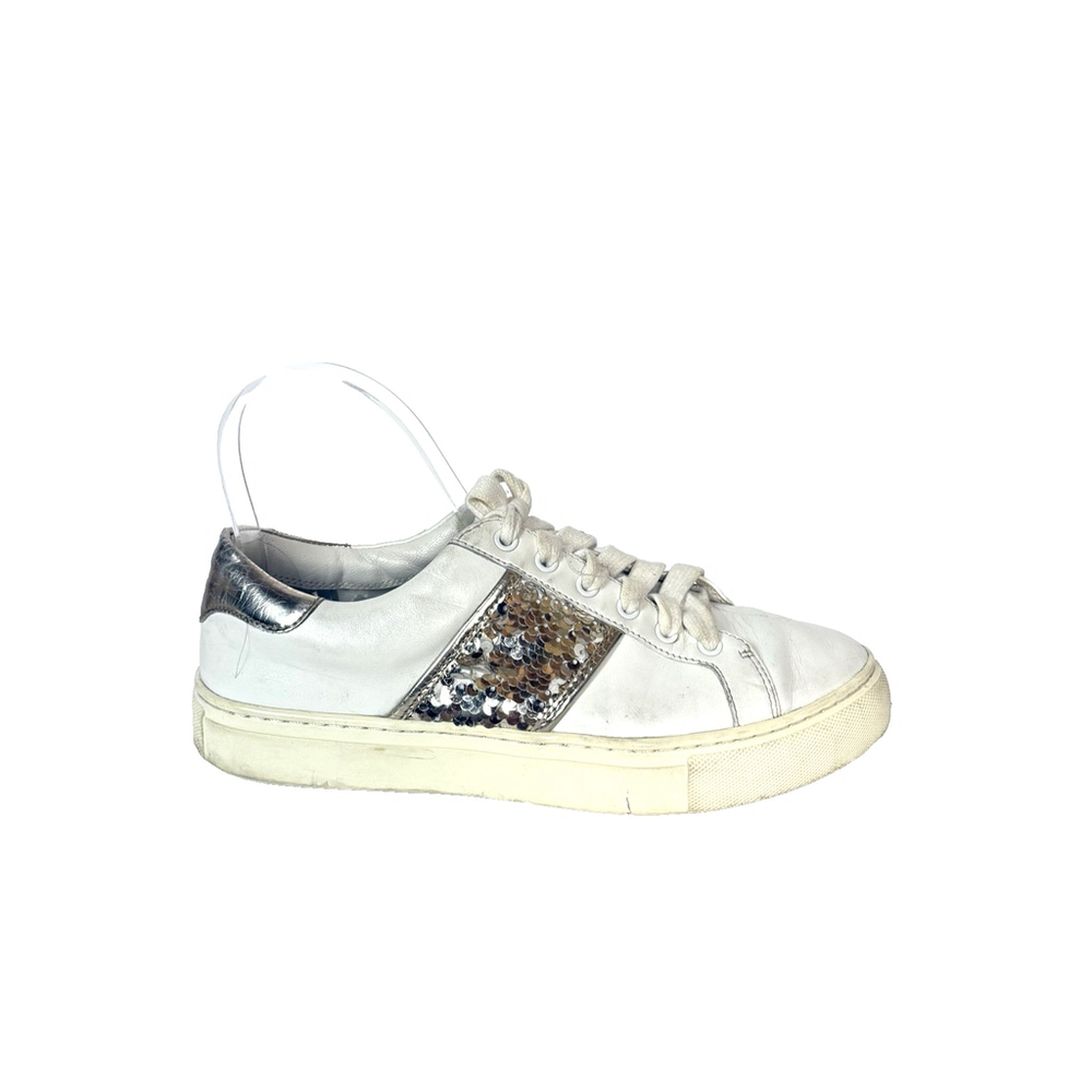 Tory Burch Carter White Leather Gold Sequin Lace-Up Sneakers